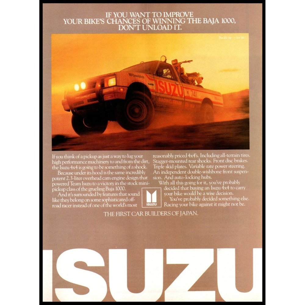 1986 Isuzu 4x4 Pickup Truck Vintage Print Ad Baja 1000 Rally Race Wall Art Photo